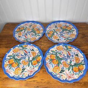 Samba Set of 4 Tropical Oranges Floral Melamine Plates Blue Scalloped Edge 9”
